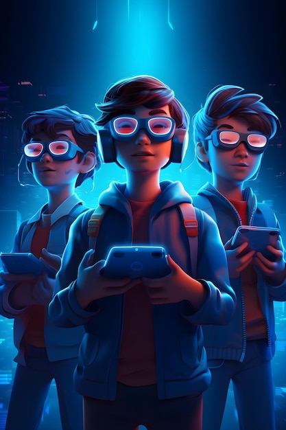 Gamer wearing virtual reality glasses on futuristic blue neon background generative ai