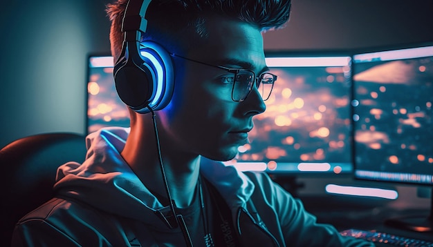 Photo gamer with gaming headset playing video game in gaming room with neon lights