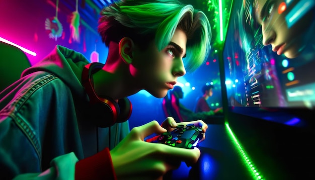 Gamer with Neon Lights