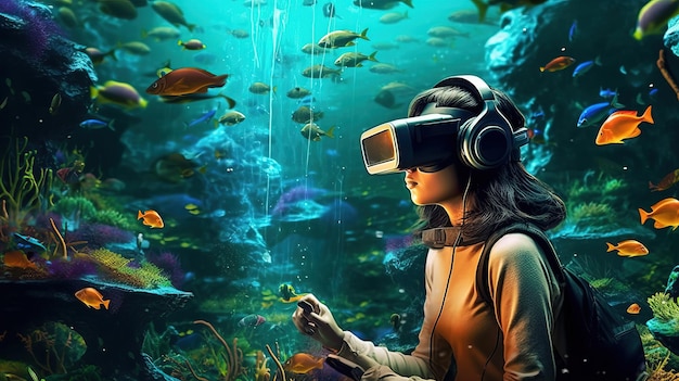 Photo gamer with virtual helmet playing the game in underwater generative ai