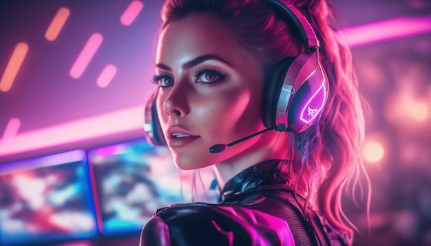 Gamer woman with gaming headset playing video game in gaming room with neon lights