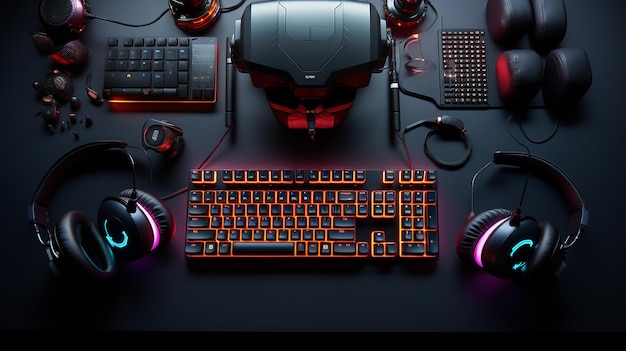 gamer work space concept top view a gaming gear mouse keyboard joystick headset