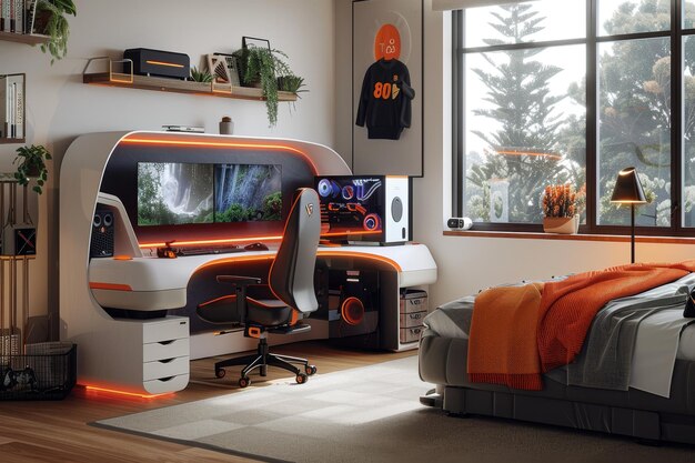 A gamer39s bedroom with a multifunctional gaming desk