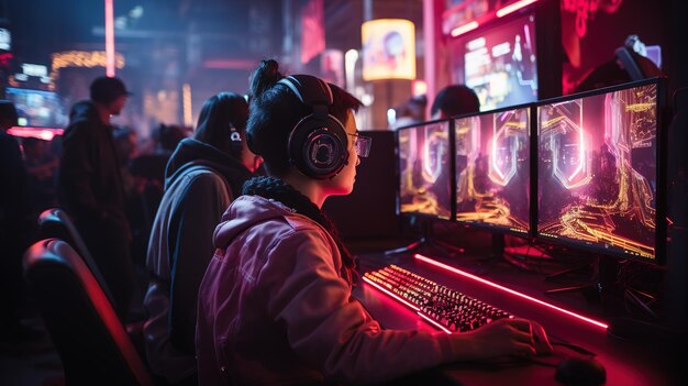 Foto gamers die headsets dragen in een gaming arcade die een videospel spelen