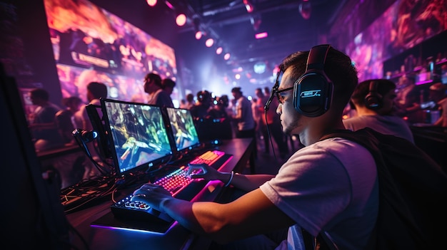 Foto gamers die headsets dragen in een gaming arcade die een videospel spelen
