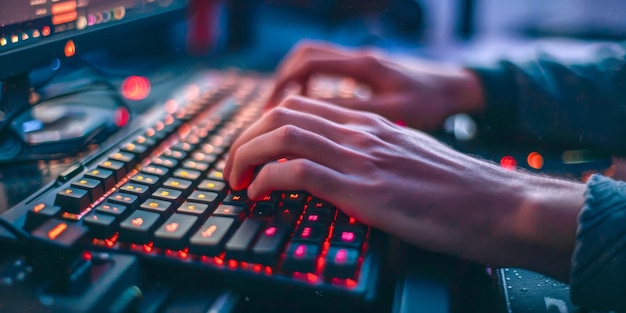 Gamers Hands on a Backlit Mechanical Keyboard Intense Gaming Session