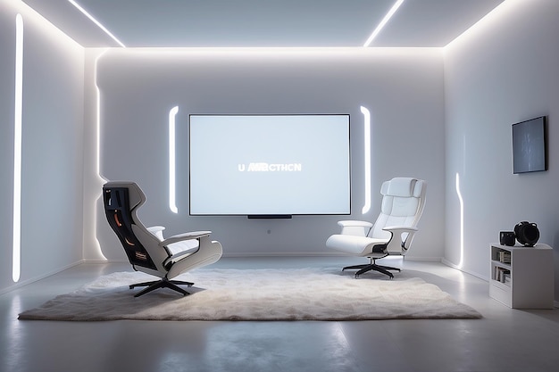 a gamers retreat with white LEDlit elements a comfortable chair and an expansive blank white wall for projection mapping