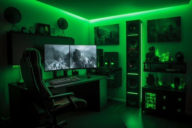 Gamers room with hardware and equipment colored in green generative ai