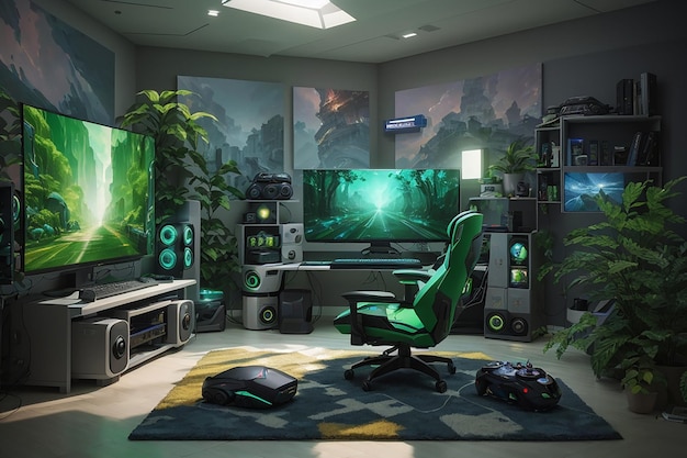 Photo gamers room with hardware and equipment colored in green generative ai