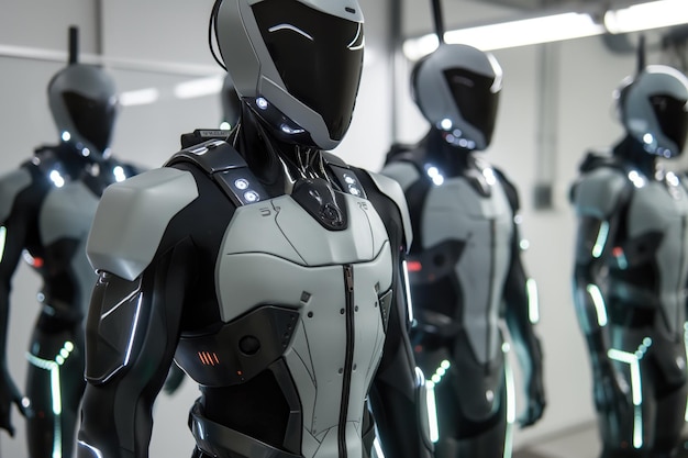 Photo gamers wearing sleek hightech bodysuits embedded with sensors and haptic feedback devices