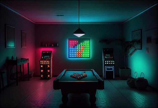 Games room illuminated with leds Generative AI