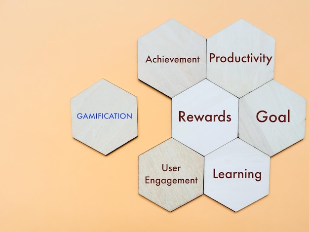 Gamification concept with keywords on wooden hexagon.