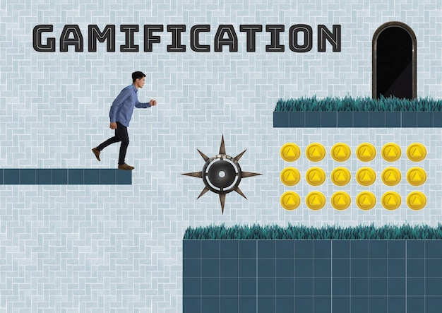 Gamification-tekst en Man in Computer Game Level met munten en val