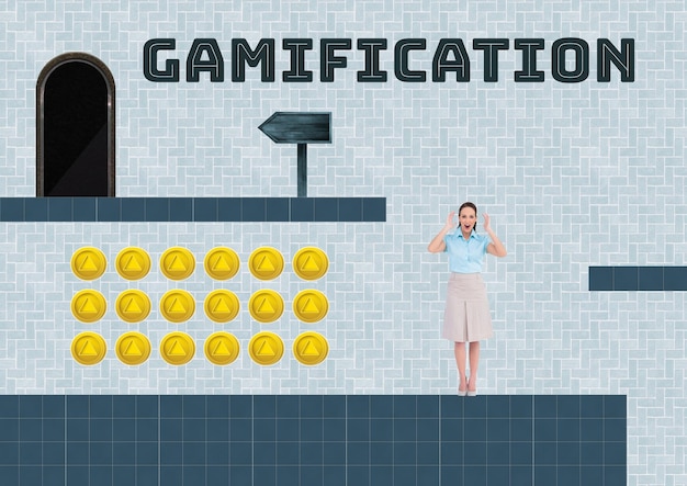 Gamification-tekst en vrouw in computerspelniveau met munten