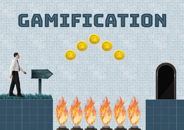 Gamification-tekst en zakenman in computerspelniveau met munten en vallen