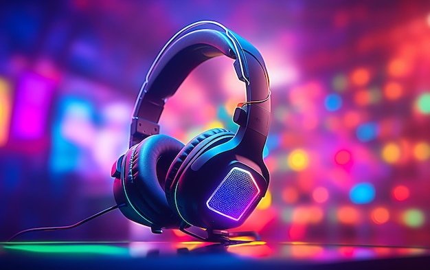 Gaming ambiance gamer headset with rgb lights in the gamer room background