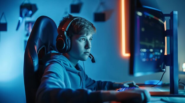 Gaming at Home Portret van een gelukkige gamer die een ronde wint in een online videospel op een personal computer Professionele stijlvolle mannelijke speler die geniet van een online multiplayer PvP-kampioenschap