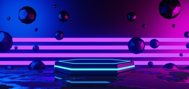 Игровой фон абстрактные обои в стиле киберпанк научная игра неоновое свечение сценической сцены в пьедестале 3d рендеринг иллюстрации