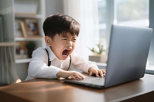 Photo gaming boy appears frustrated or angry at a laptop screen possibly due to a gamechallenging