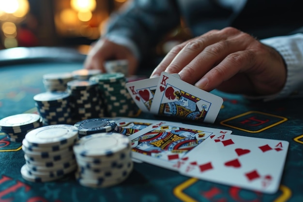 Gaming at a casino table with a croupier and chips