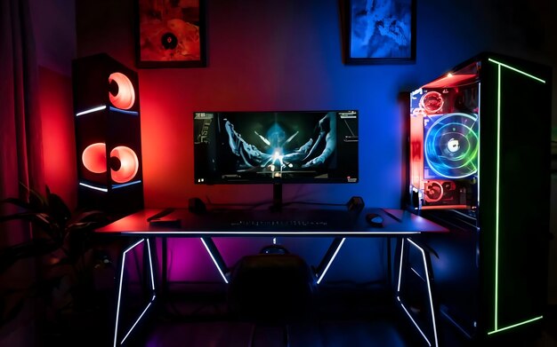 写真 暗のサイバースパでゲーム椅子を回転させled rgb 照明冷却システムを備えたデスクトップpcケースを透かす