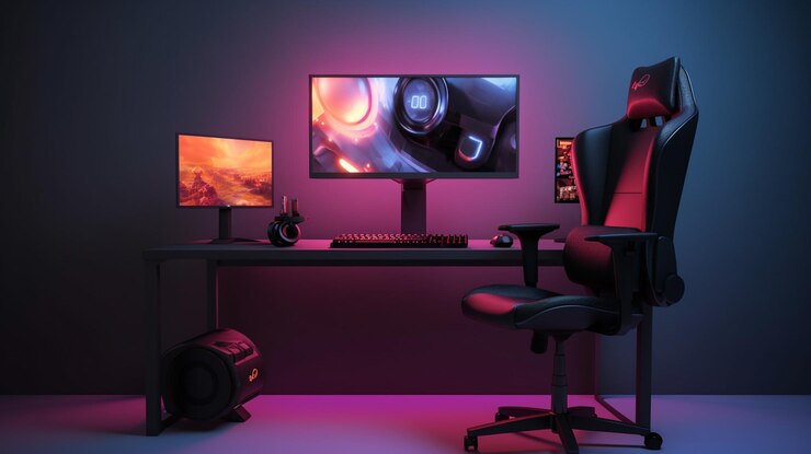Photo a gaming chair with a red gaming chair and a monitor with a black background that says'gaming'on it.