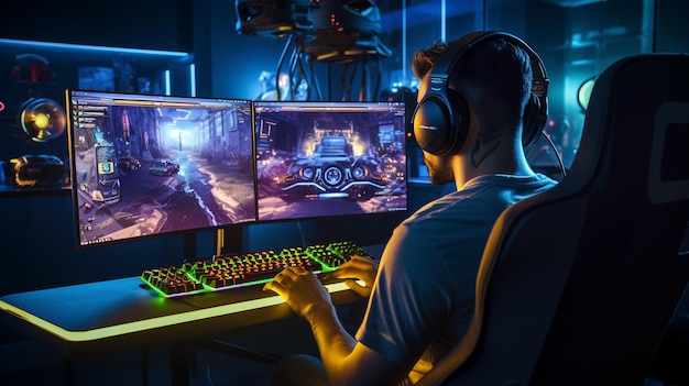 Фото Настройка игрового компьютера rgb-подсветка мужчина сидит на игровом кресле с наушниками в ушах