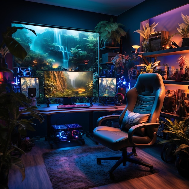 Foto gaming computer setup rgb verlichting en gebogen monitor gaming stoel rgb verlichtingskamer