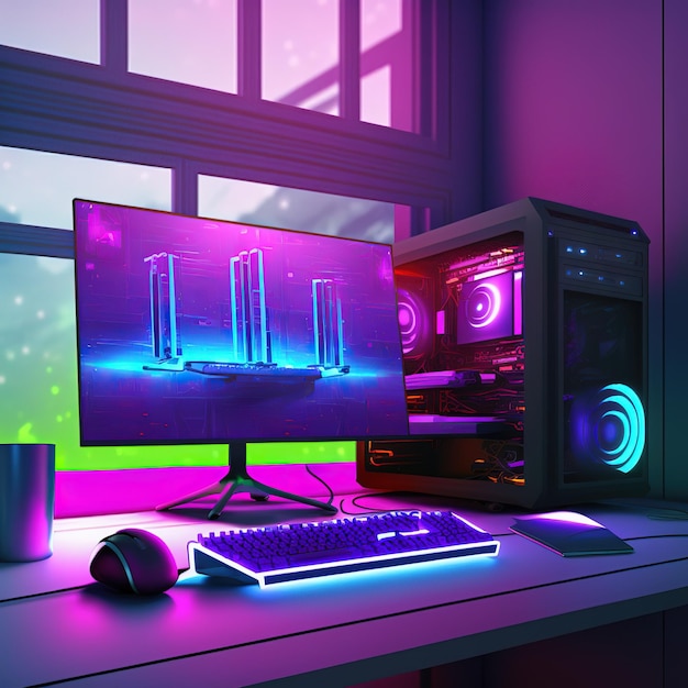 Gaming computer on a table in a video game room with purple color neon lighting against a window background 3d illustration