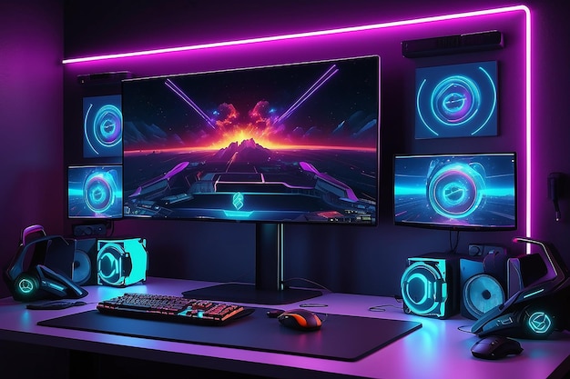 Gaming computer in video gamer room with neon lights Gaming PC monitor with interface of computer game