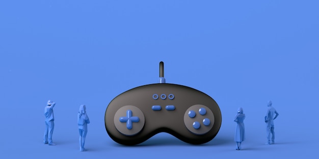 Gaming concept. Giant gamepad watched by people. Banner. App. Copy space.