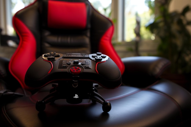 Photo gaming controller on chair high angle