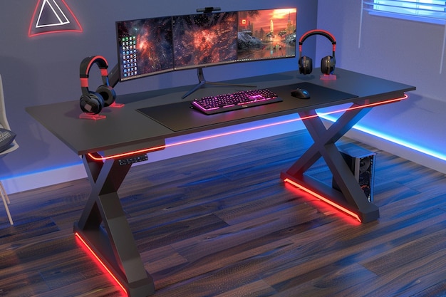 Photo gaming desk setup with builtin usb hub and headpho