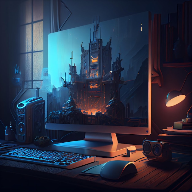 Gaming desktop PC computer setup gamer illustration