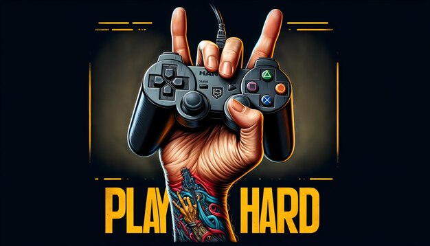 Foto entusiasmo per il gioco emblema gesto della mano che tiene un controller con play hard slogan grafico