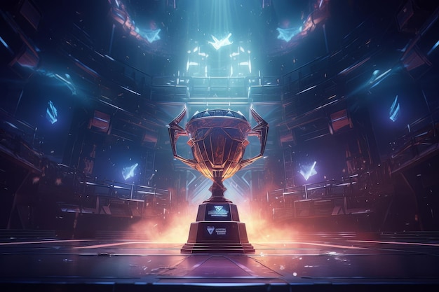 Photo gaming esports championship arena with winner trophy triumph