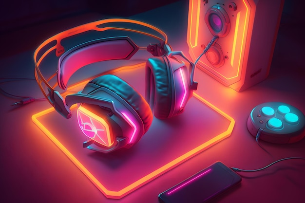 Premium AI Image | Gaming headphones and neon lighting Neural network ...