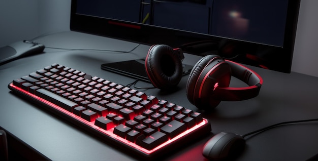 gaming keyboard and headset red and black on desk