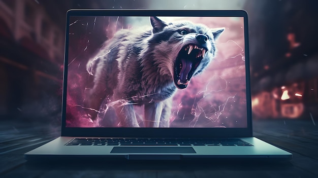 Gaming laptop 3d wolf virtual reality screen display ai generated