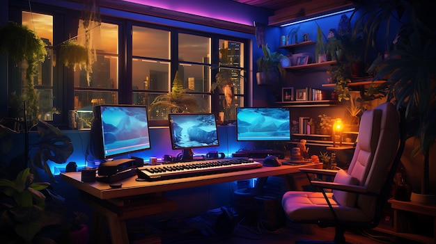 Gaming livingroom with video gamer nobody mock up Neeon chill cozy gaming bedroom