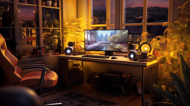 Photo gaming livingroom with video gamer nobody mock up neeon chill cozy gaming bedroom