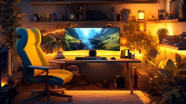 Gaming livingroom with video gamer nobody mock up Neeon chill cozy gaming bedroom