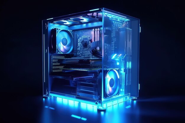 Gaming PC computer glowing in dark Futuristic modern illustration Innovative technologies Generative ai