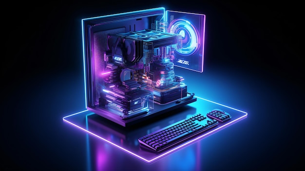 Gaming pc computer glowing in dark isometric illustration