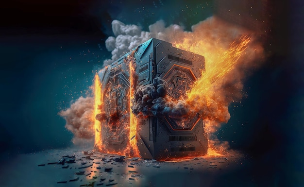 Gaming pc exploding with fire smoke Generative AI