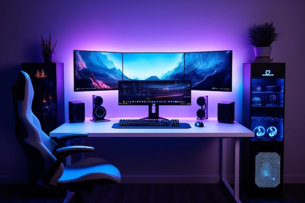 Gaming pc-kamer met led-verlichting in verschillende kleuren Ai gegenereerde illustratie