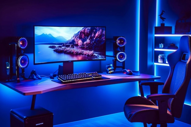 Gaming pc-kamer met led-verlichting in verschillende kleuren Ai gegenereerde illustratie