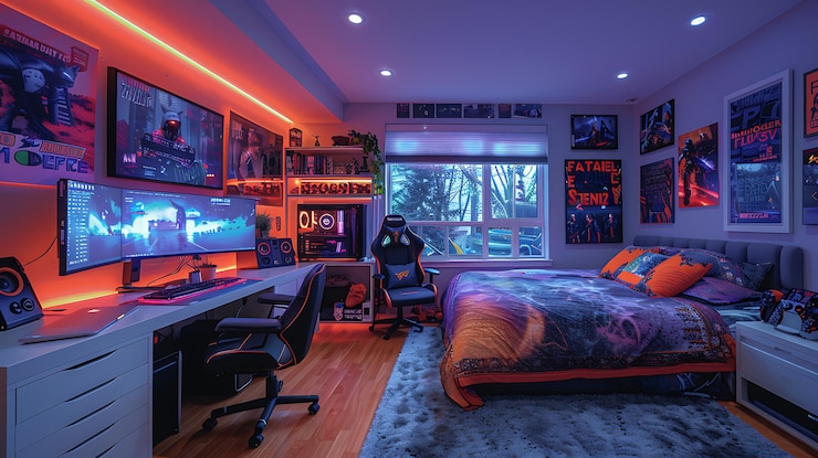 Photo gaming pc room with led lights in different colors