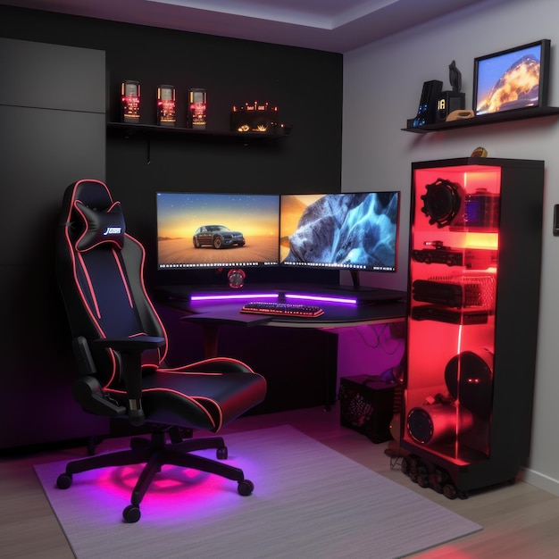 A gaming room with a black chair and a red led light.