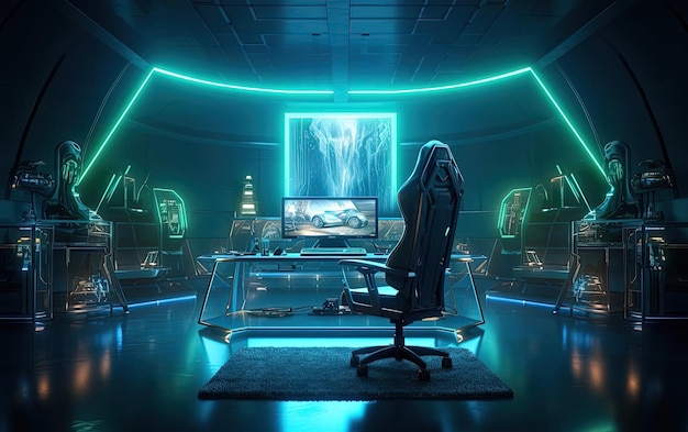 a gaming room with a blue light and a chair in the style of emerald and bronze